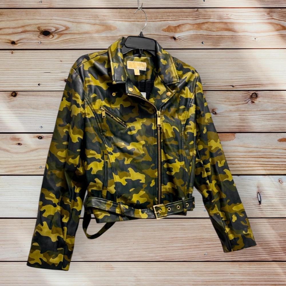 Michael Michael Kors XL NWT jacket camo moto smoky olive faux leaather
